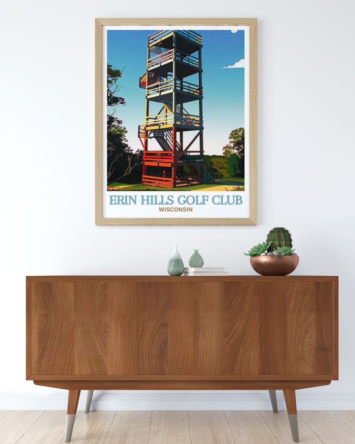 A detailed print of Erin Hills Golf Club, highlighting the courses strategic layout and breathtaking views. This artwork is a must have for golf enthusiasts and those who appreciate finely crafted landscapes.lding with a red ladder