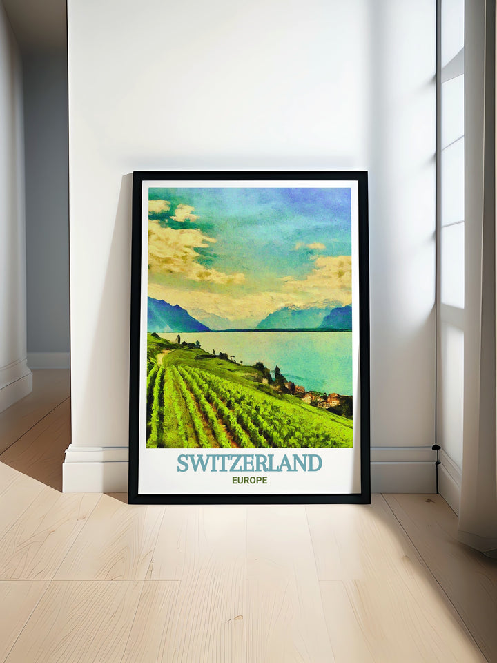 Switzerland travel art print featuring the stunning Lake Geneva and the breathtaking Swiss Alps. This poster is perfect for anyone who loves scenic landscapes and historic landmarks. Bring a touch of Switzerlands charm to your decor.