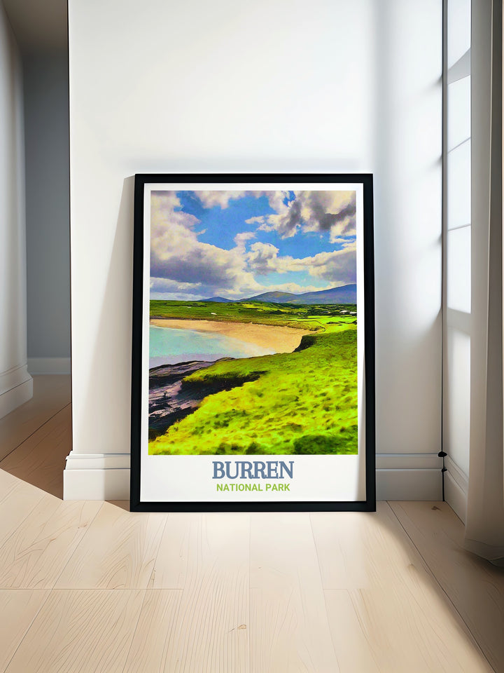 This Ireland travel poster showcases the tranquil Fanore Beach, capturing the essence of Irelands coastal landscapes with its golden sands and calming waves. The artwork is perfect for bringing a touch of Irelands seaside serenity into your home.