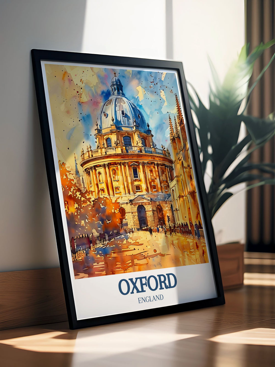 Elegant Oxford skyline illustration with detailed depictions of Radcliffe Camera and Bodleian Library a great addition to any UK wall decor collection