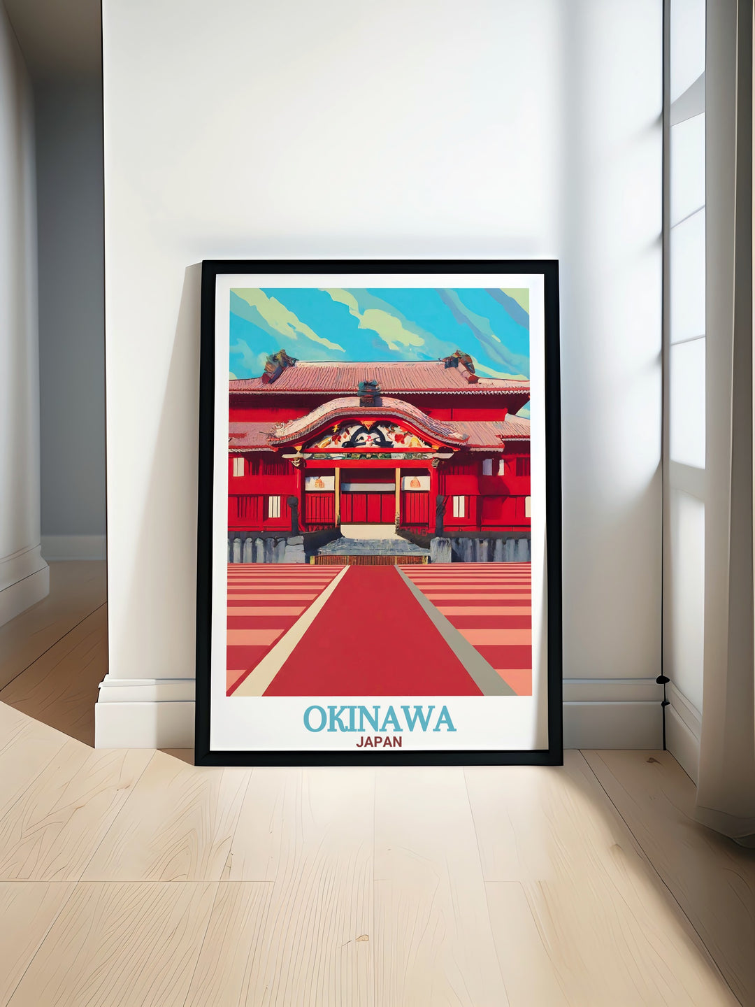 Shuri Castle travel poster showcasing the vibrant colors and intricate details of this iconic Okinawa landmark perfect for adding a touch of historical grandeur to your home decor and celebrating Japan prints