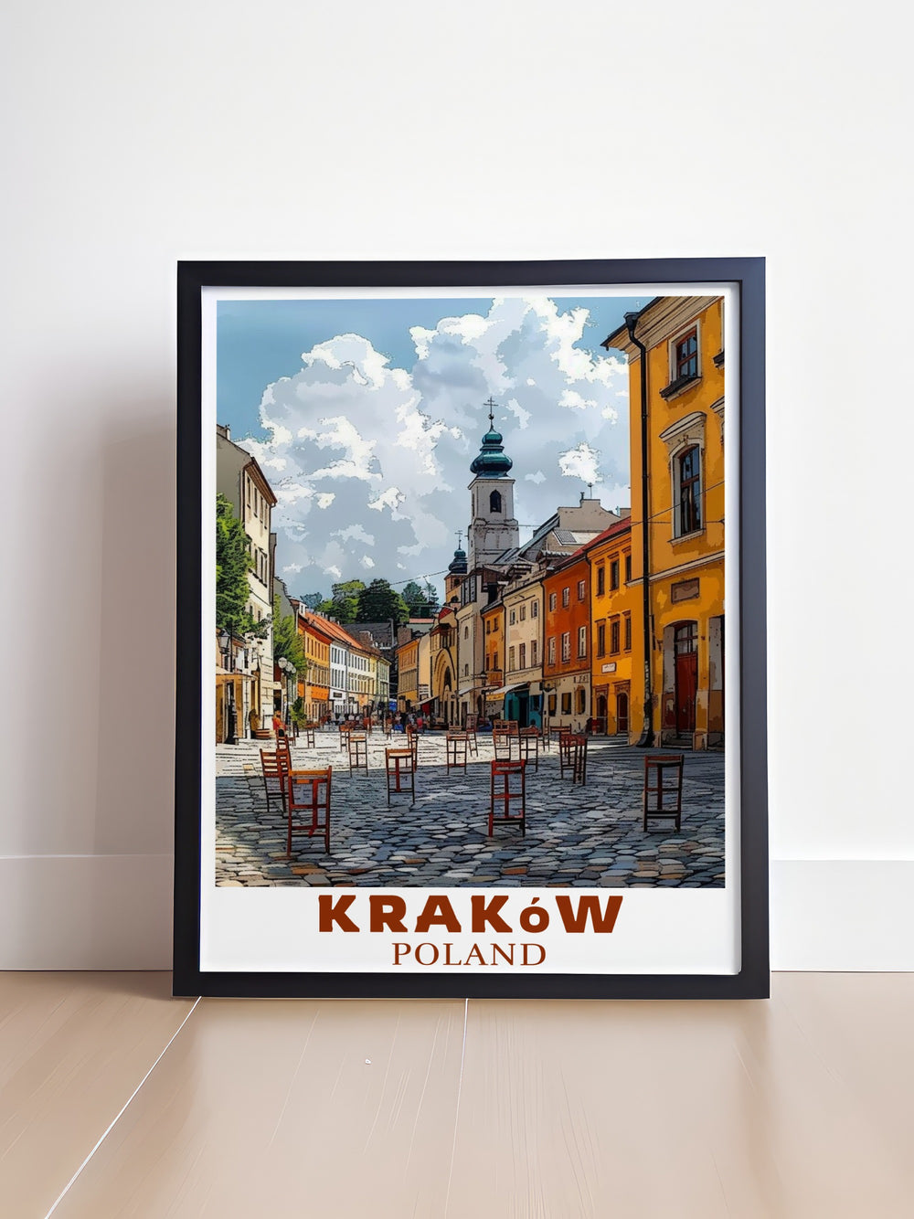 This Krakow poster print showcases the historic Jewish Quarter, capturing the districts unique architecture and vibrant streets. Perfect for history lovers and travelers, this artwork offers a stunning depiction of one of Polands most culturally rich areas.