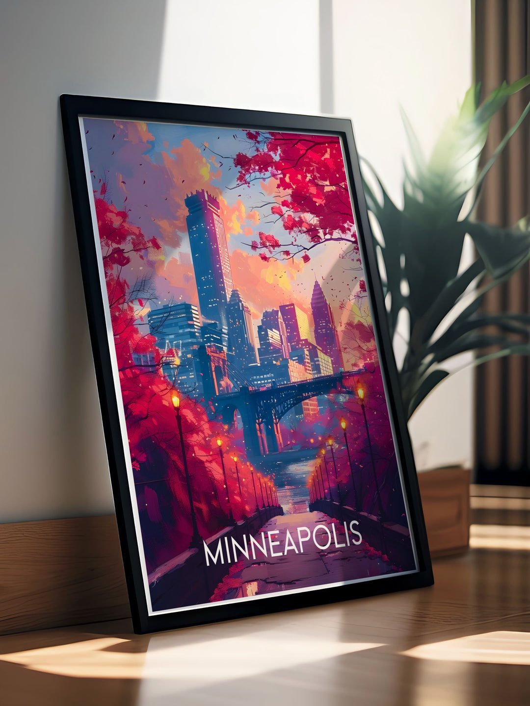 This travel poster of the Minneapolis Skyline captures the modern architectural beauty and vibrant urban life, perfect for bringing city charm into your home decor.