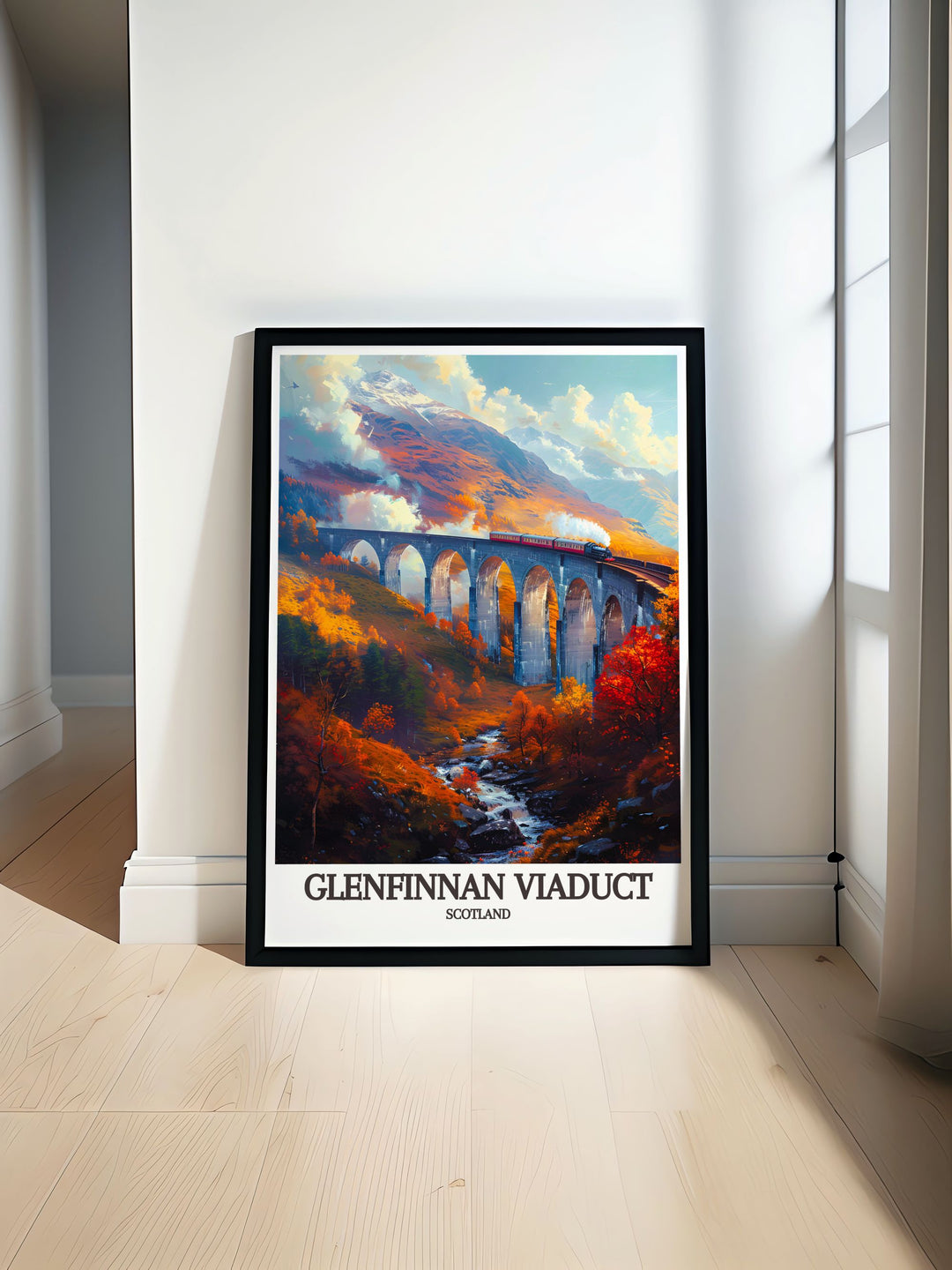 A breathtaking view of the Glenfinnan Viaduct in Scotland, showcasing its 21 arches stretching across the lush landscape of the Scottish Highlands, ideal for adding a historic and scenic touch to your decor.