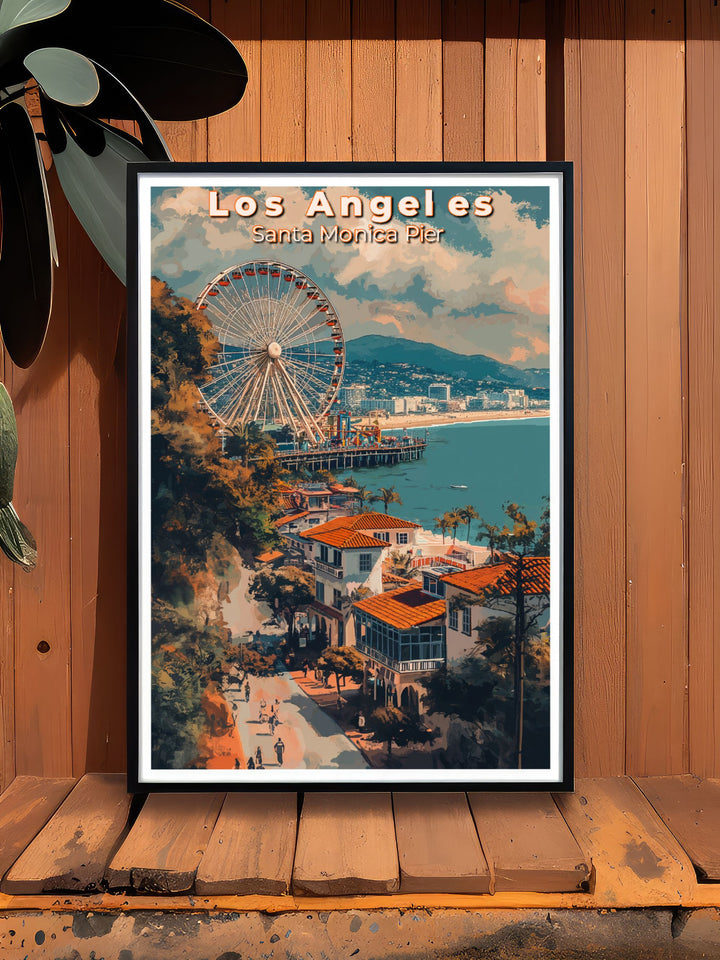 Highlighting the picturesque Santa Monica Pier, this poster offers a visual representation of one of Californias most beloved coastal landmarks, ideal for beach lovers and adventurers.