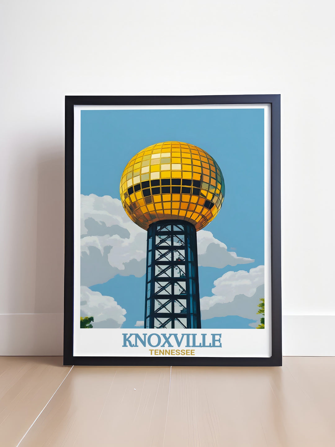 Knoxville poster print featuring the iconic Sunsphere, a golden globe landmark from the 1982 Worlds Fair, standing tall against the Tennessee skyline. This vibrant travel print is perfect for decorating your home or office with Knoxvilles unique cityscape.