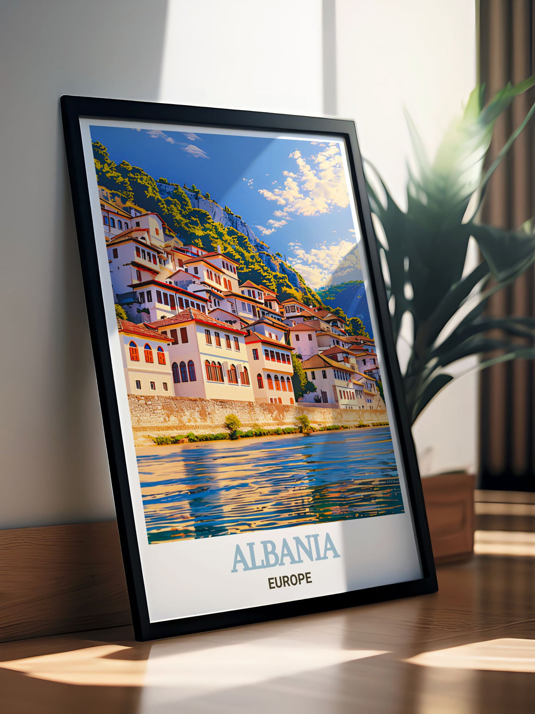 Detailed Albania travel print highlighting Berats historic architecture and scenic beauty with a classic design that complements various home decor styles and makes an excellent gift option