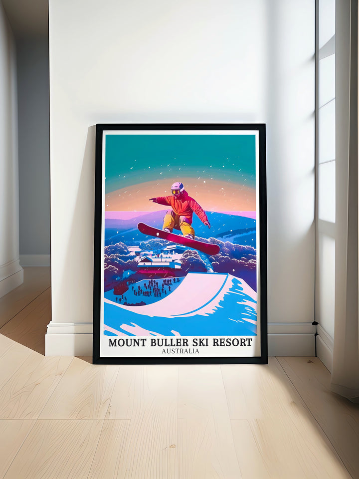 Mt Buller Ski Print highlighting the picturesque slopes and vibrant energy of Australias premier winter sports destination. The print features detailed depictions of the ski resorts iconic landscapes, perfect for those who want to bring the excitement and beauty of the mountains into their home.