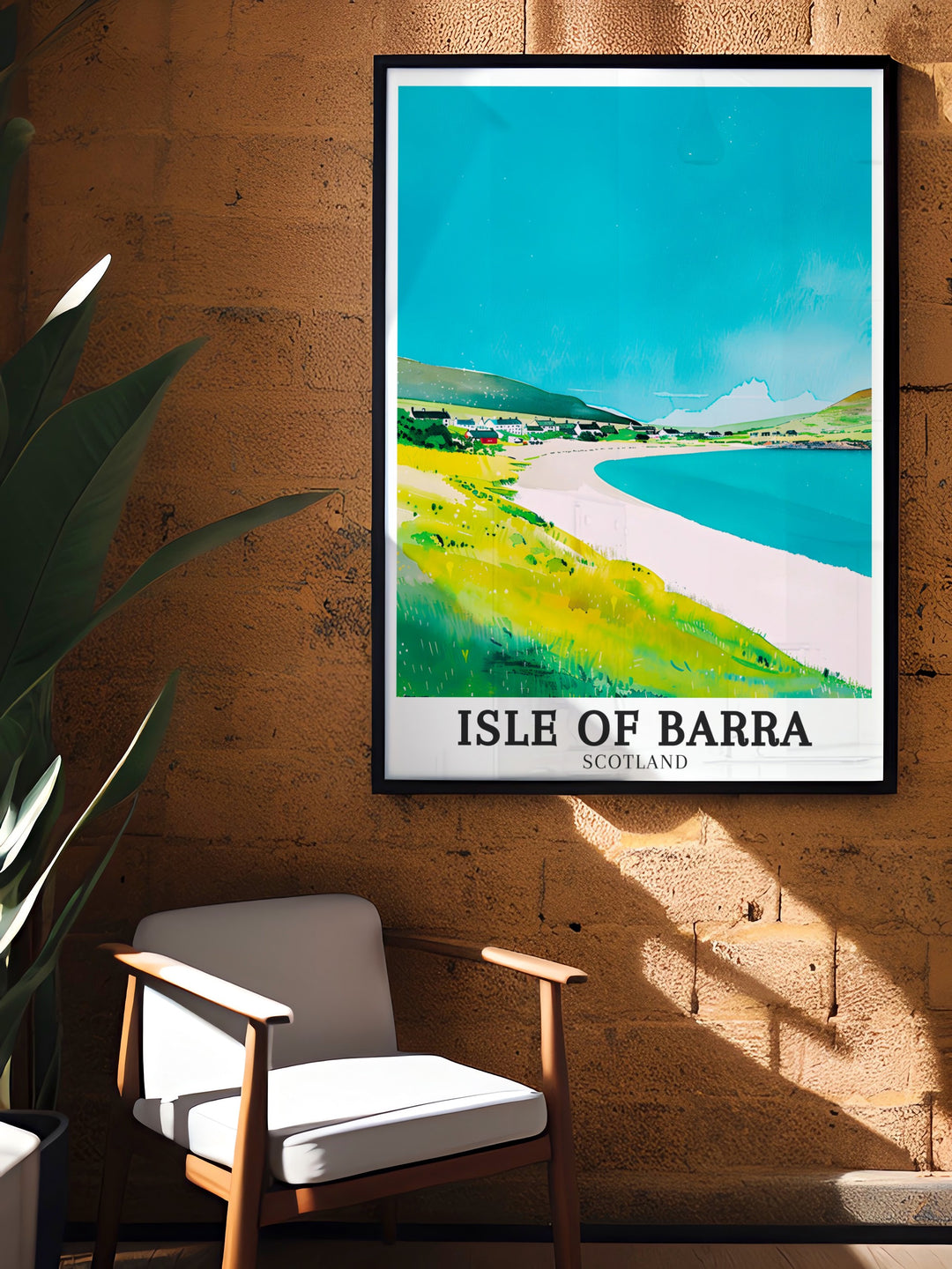 This travel poster of Traigh Mhor Beach on the Isle of Barra is a tribute to Scotlands coastal beauty. Featuring stunning seascapes and peaceful beaches, this art print adds a tranquil and scenic touch to your decor, making it perfect for those who appreciate natures calm.
