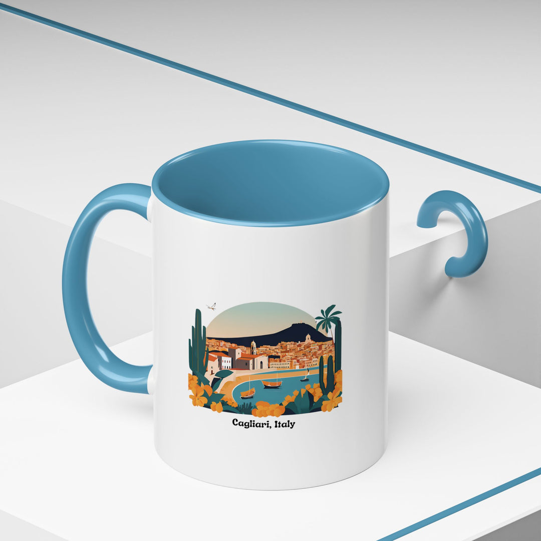 A vibrant Sardinia Mug with intricate designs celebrating the landmarks and cultural heritage of Cagliari and Italy. Dishwasher-safe ceramic construction ensures durability, making it an excellent gift or keepsake for Italy enthusiasts.