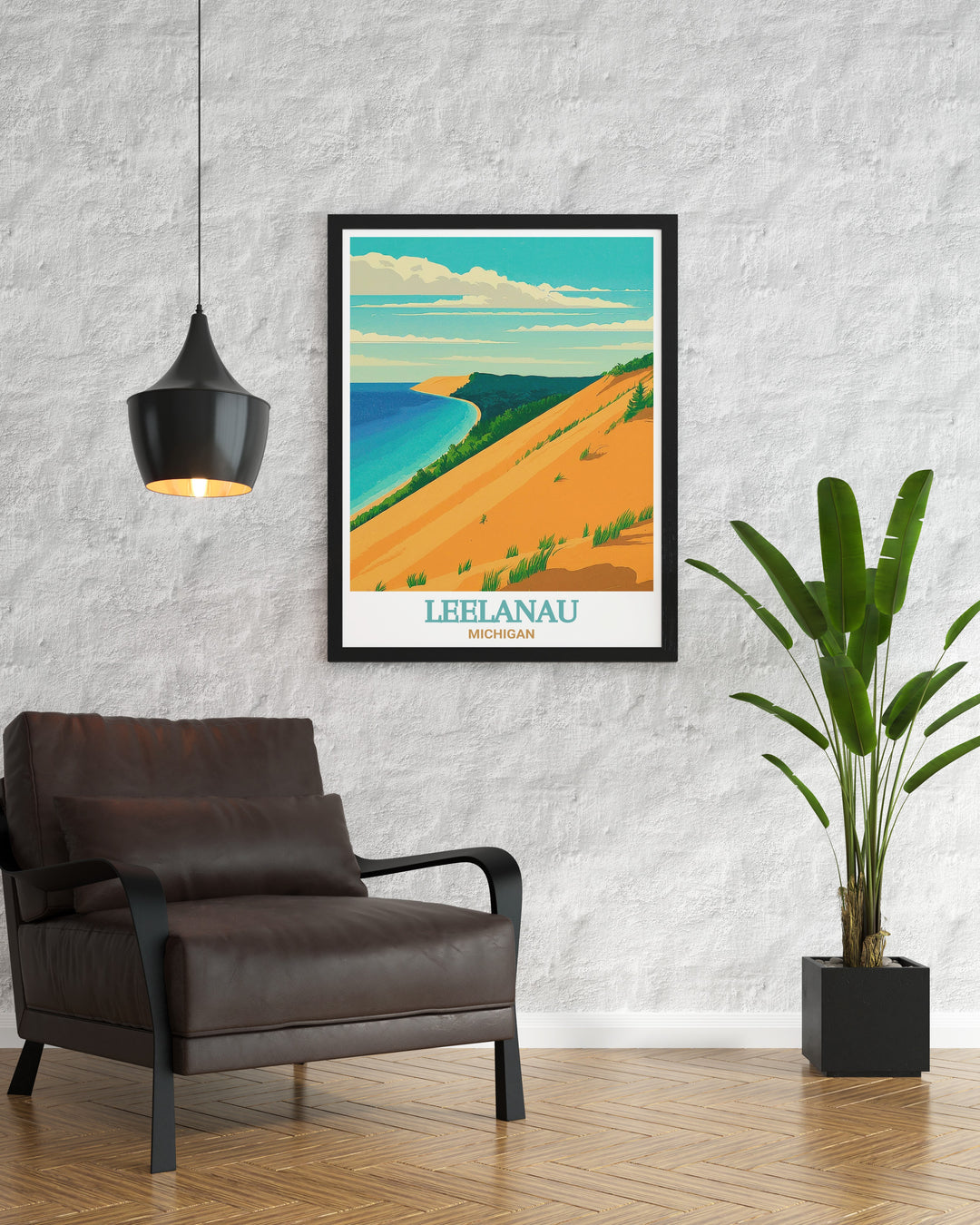 Sleeping Bear Dunes Travel Print showcasing the majestic dunes and pristine lakeshore of Michigans Sleeping Bear Dunes National Lakeshore. This print highlights the regions rich colors and textures, offering a peaceful and inviting addition to your home or guest room decor.