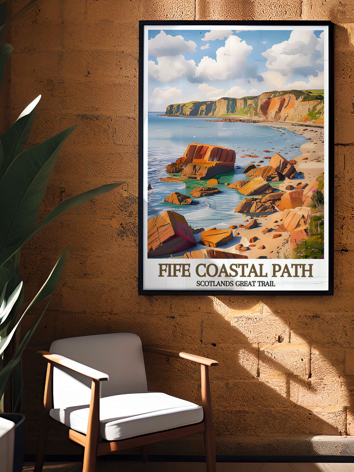 The serene beauty and rugged cliffs of the Fife Coastal Path are captured in this art print, perfect for adding a touch of Scotlands charm to your home.