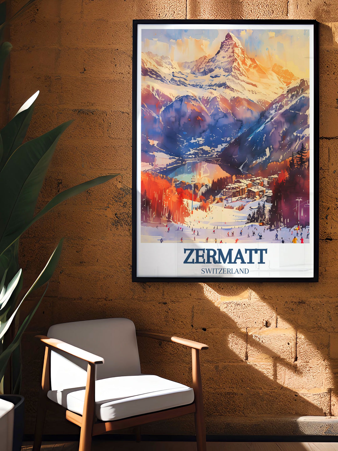 Exclusive Zermatt Travel Art featuring Sunnegga Paradise Rothorn Leisee Lake designed to bring the thrill of skiing into your home