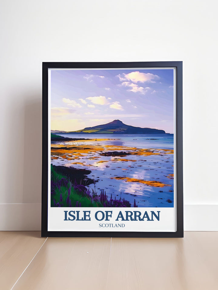 A captivating travel print highlighting Holy Isle, known for its spiritual significance and breathtaking views. This artwork beautifully captures the essence of the island, making it a perfect addition to any collection celebrating Scotlands charm.