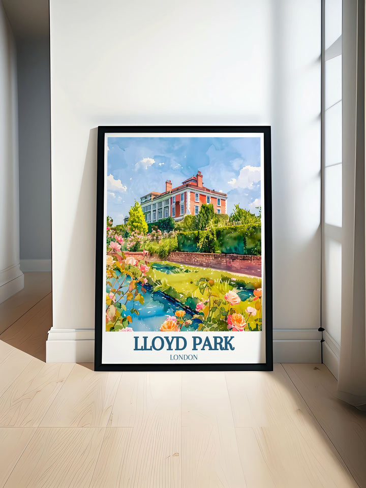 William Morris gallery vintage travel print of Lloyd Park London featuring the serene rose garden. Perfect for art lovers and collectors. Bring the beauty of Walthamstow London into your home with this stunning piece of rose garden artwork.