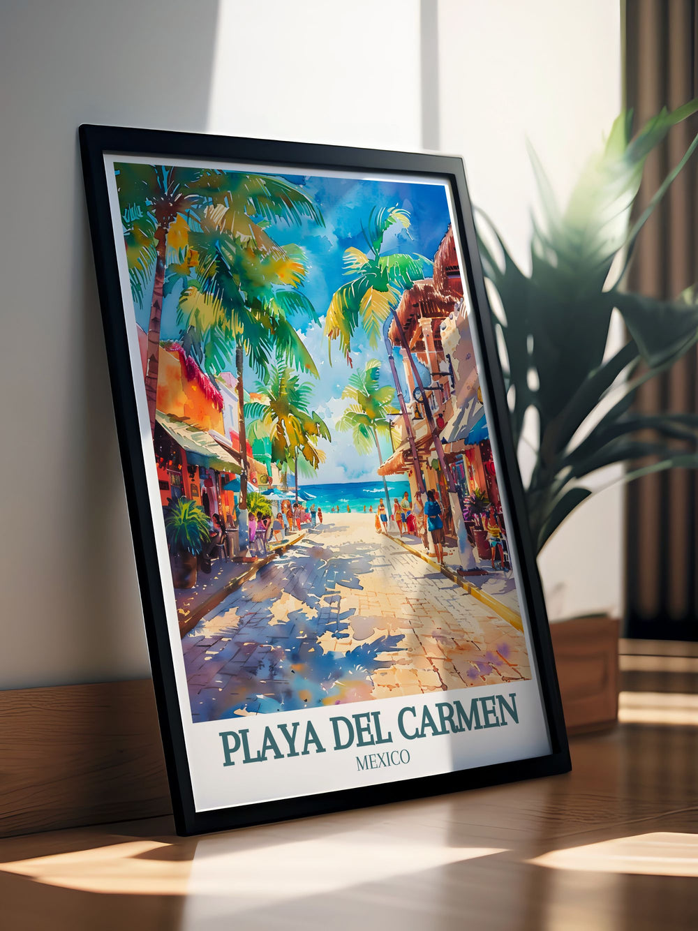 Stunning Playa Del Carmen art showcasing La Quinta Avenida and the Caribbean Sea bringing the lively spirit of Mexico into your home decor perfect for those who love vibrant and colorful artwork inspired by travel.