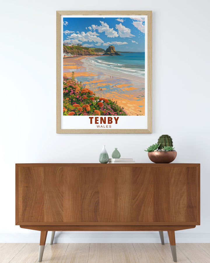 Vintage travel print of Tenby North Beach capturing the coastal charm of South Wales. Featuring Tenby Castle this stunning artwork makes a great addition to any living room or bedroom bringing the peaceful vibes of the seaside to your walls.