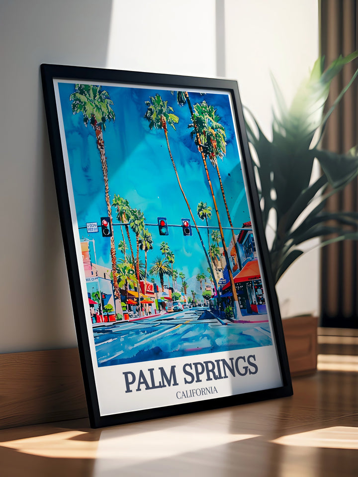 Palm Springs Travel Poster featuring Palm Canyon Drive and Downtown, showcasing the blend of nature and architecture that makes this California city so unique. Perfect for wall decor, travel art lovers, and Palm Springs enthusiasts.