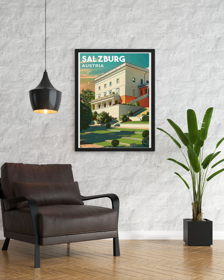 Mirabel Palace in Salzburg and Zauchensee skiing combined in a beautiful vintage travel print. This artwork is perfect for home decor, highlighting Austrias historical beauty and the thrill of its ski resorts.