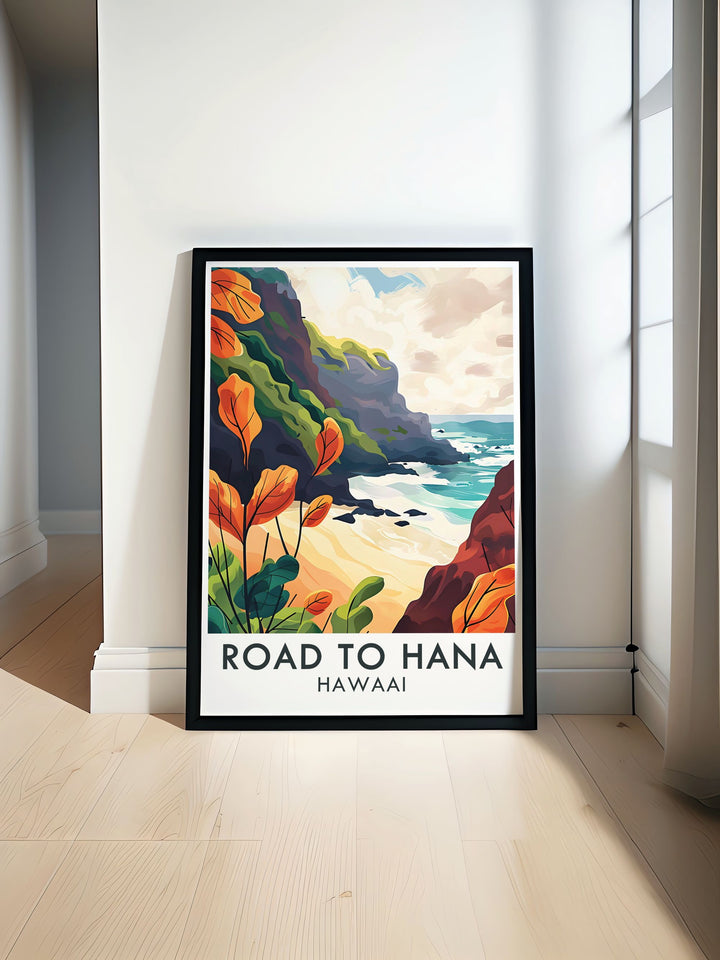 Hawaii wall art featuring vibrant scenes from Wainapanapa State Park and the Road to Hana. These artworks capture the dynamic landscapes and rich colors of Hawaii, perfect for adding a tropical touch to your home decor.