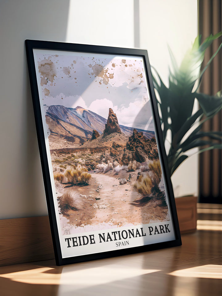 Our Teide National Park art print highlights the beauty of Pico Viejo and the expansive Cañadas Caldera, offering a detailed and vibrant portrayal of Spains iconic volcanic landscapes. Perfect for adding a touch of natural elegance to your home, this artwork is a must have for nature lovers.