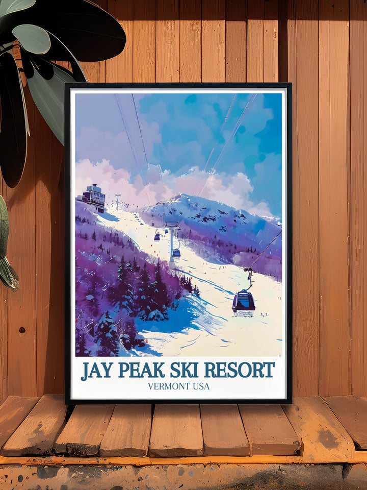 Highlighting the challenging trails and friendly atmosphere of Burke Mountain, this vintage ski poster is a standout piece for any home.