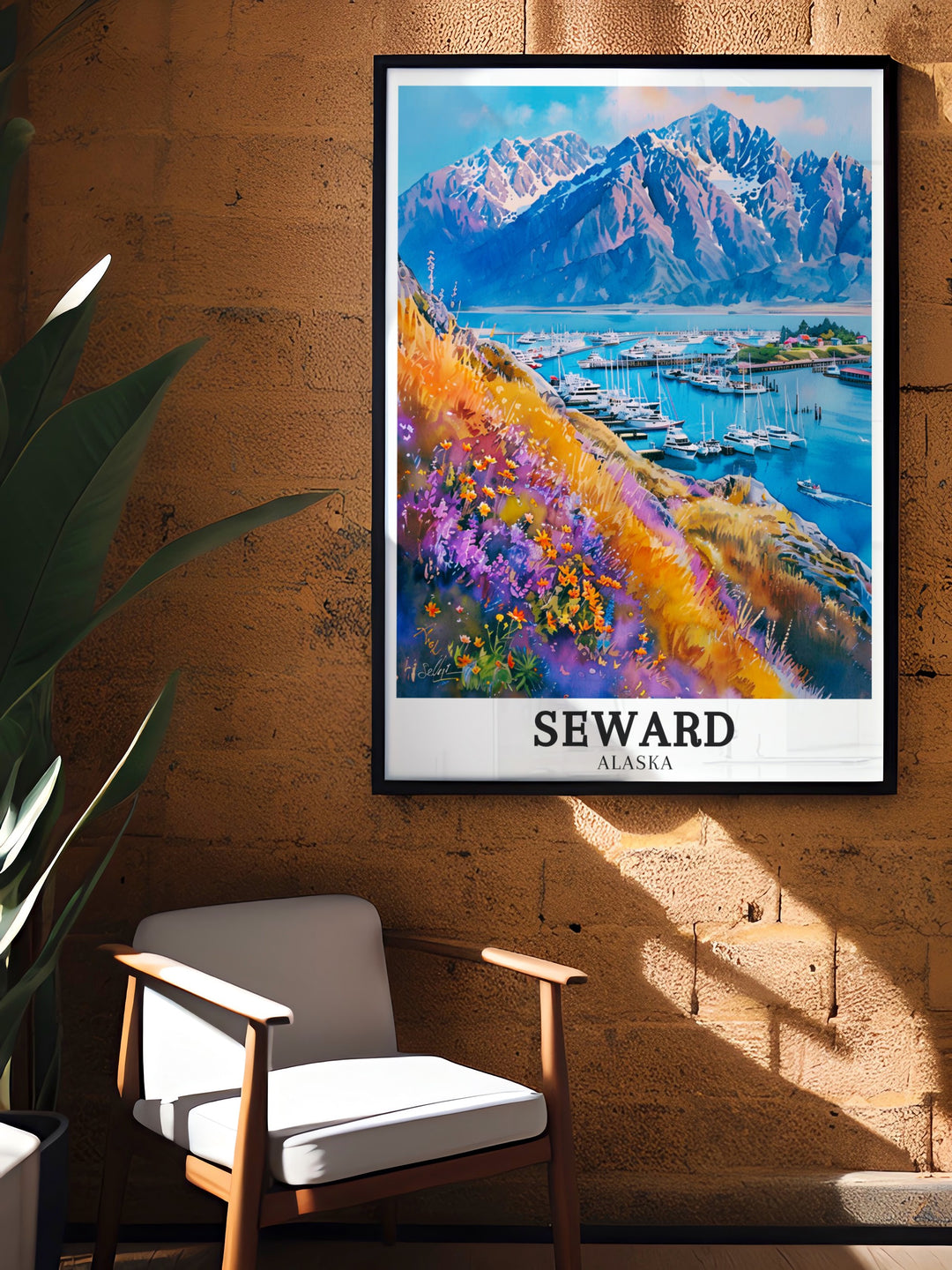 Detailed Kenai Mountains print illustrating the snow capped peaks and the scenic Seward Harbor. The artwork celebrates the wild beauty and vibrant life of Seward, making it a perfect addition to any Alaska inspired collection