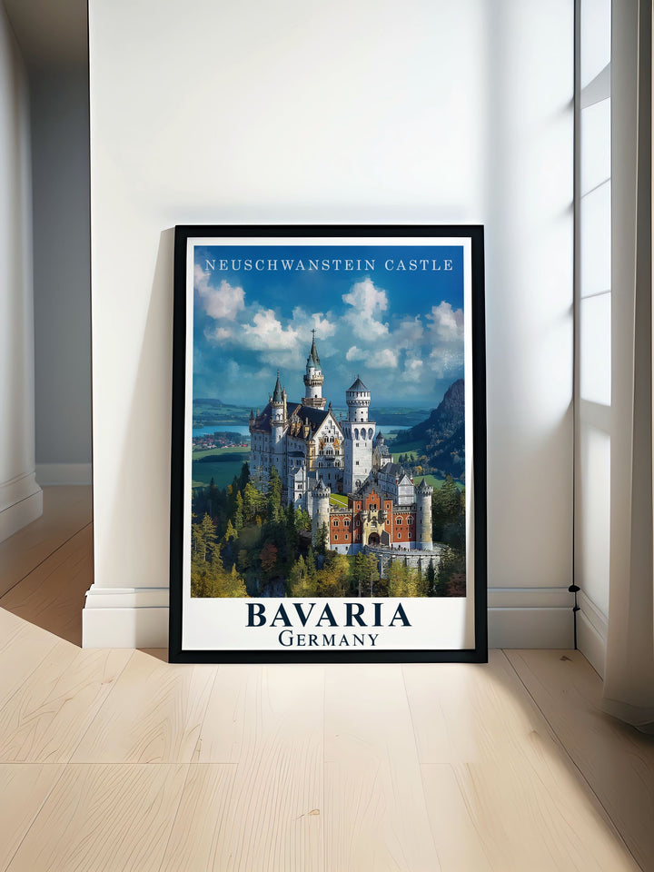 Enchanting Neuschwanstein Castle travel poster capturing the fairytale beauty of one of the worlds most iconic castles. Ideal for home decor this fine line print adds a touch of magic to any space.