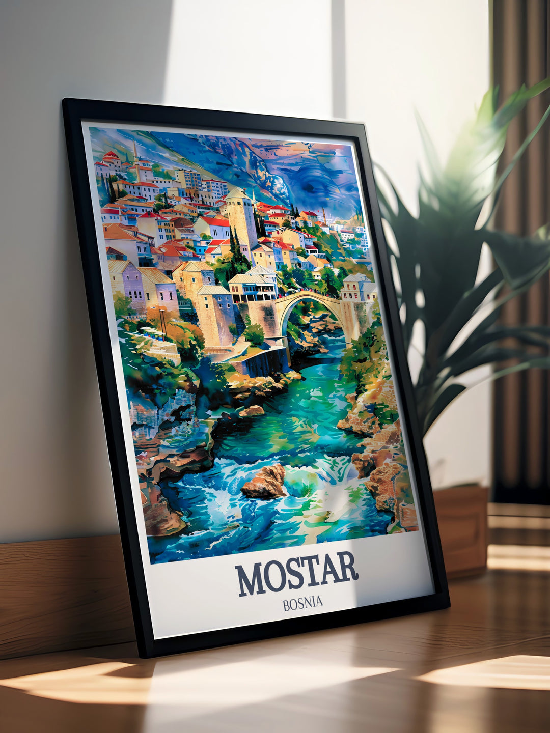 Herzegovina art print displaying Neretva River and Kriva Cuprija capturing the serene beauty of Mostar in Southern Bosnia