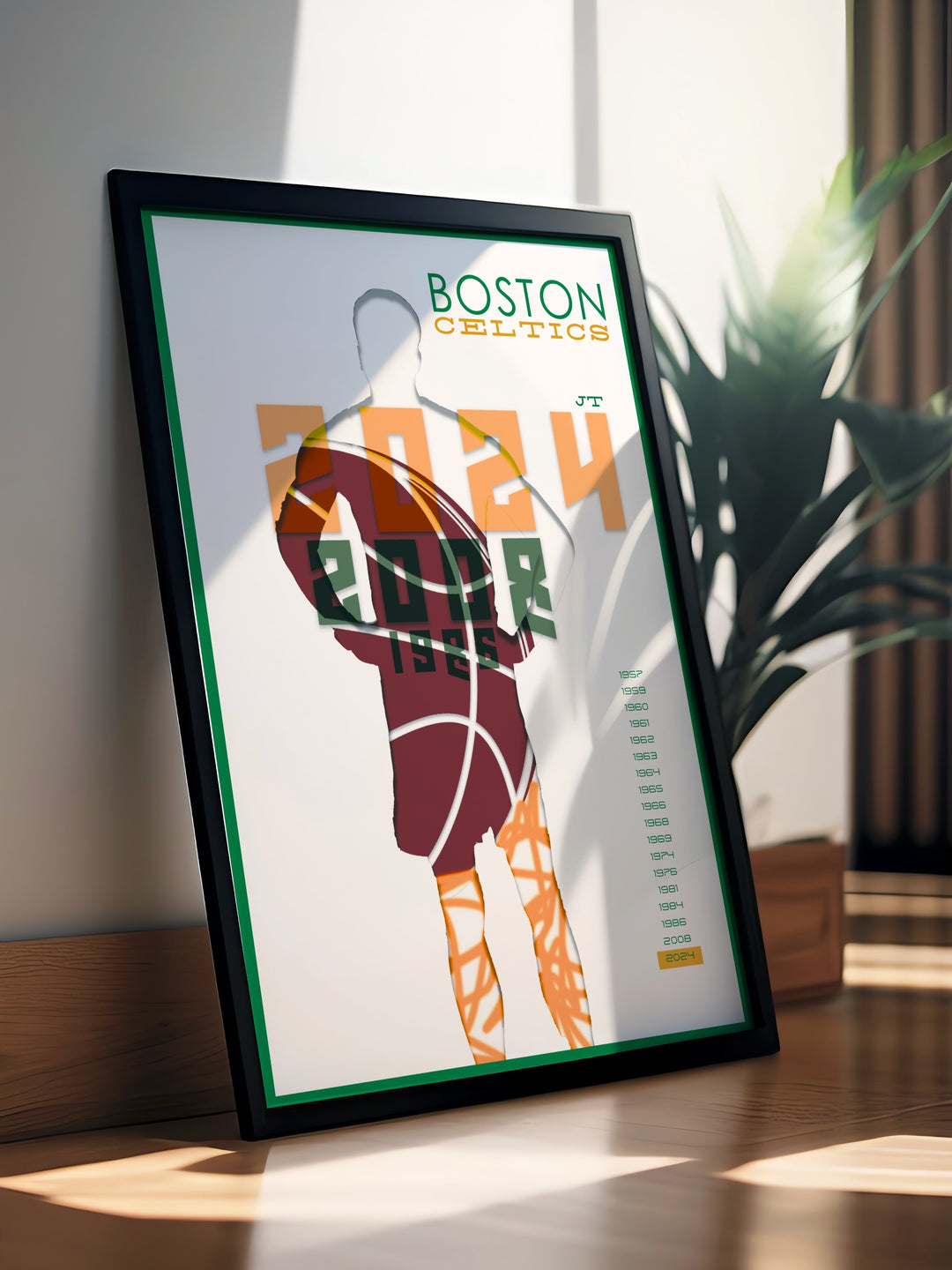 Vintage NBA print of the Boston Celtics with high quality artwork featuring Jaylen Brown and Marcus Smart a perfect piece for any Celtics fans collection great for dorm room decor and thoughtful gifts for dad