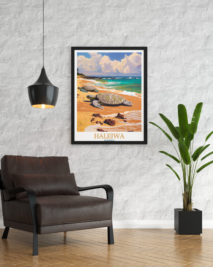 Elevate your home with this personalized Haleiwa decor featuring Laniakea Beach Turtle Beach The combination of the tropical beach and urban cityscape makes this poster an ideal choice for any room adding both color and elegance to your walls