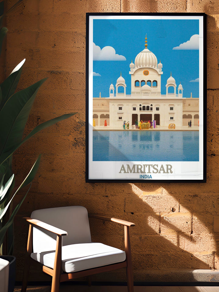 The Durgiana Temple travel print offers a captivating view of one of Amritsars most revered temples. This India canvas art brings the beauty of the temples architecture and the surrounding cityscape into your home, making it a perfect addition to your decor or as a thoughtful gift.