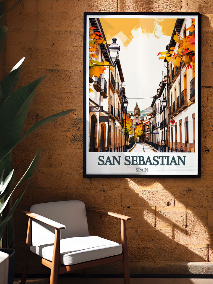 San Sebastian City Print with Old Town and Buen Pastor Cathedral a stunning piece of wall art that adds sophistication to any living space perfect for Christmas gifts and anniversary gifts this print captures the vibrant beauty of San Sebastian