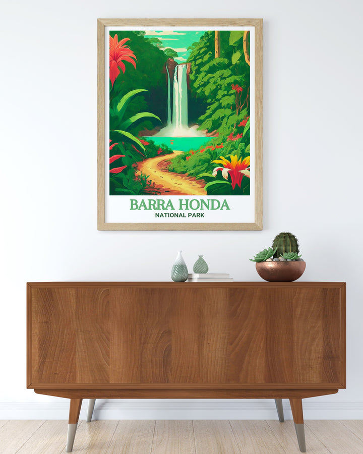 La Cascada Trail Poster captures the peaceful ambiance of one of Costa Ricas most picturesque trails. This Costa Rica wall print is perfect for adding a sense of tranquility to any room, offering a visual escape into the lush landscapes of Barra Honda National Park.