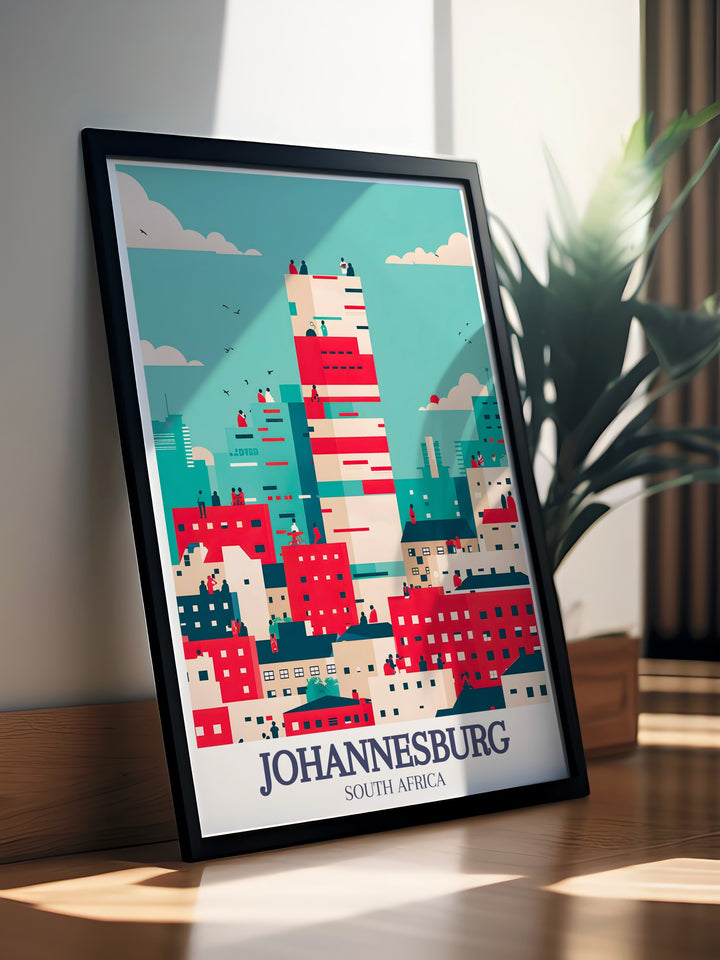 A striking Johannesburg wall art print showcasing the cultural and architectural highlights of the city, including Ponte City and Maboneng Precinct. This piece is perfect for anyone who has experienced the energy of Johannesburg or dreams of visiting. A great home or office gift.