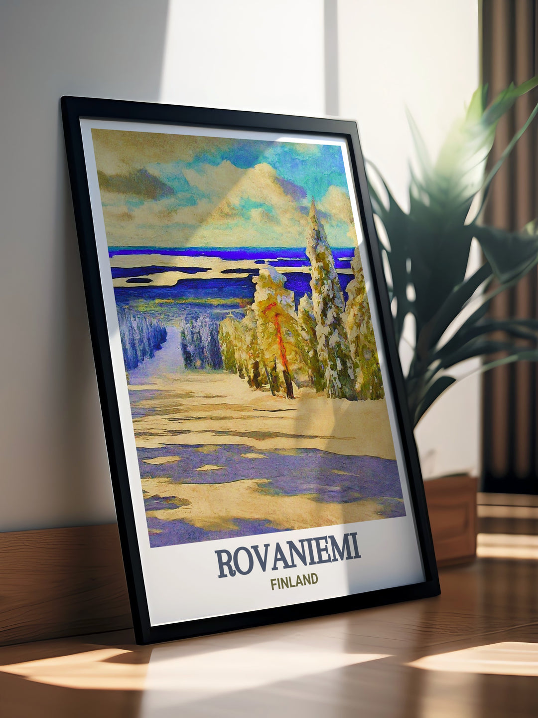 This art print features the magical winter landscape of Rovaniemi, Finland, highlighting the beauty of Ounasvaara Ski Resort. The artwork captures the serene snow covered slopes and dense forests, bringing the essence of Finnish Lapland into your home decor.