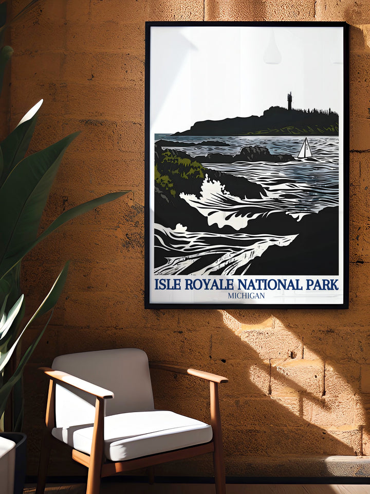 This vintage poster of Windigo Harbor pays tribute to its historical significance and timeless beauty. The classic design and striking colors evoke a sense of nostalgia, ideal for those who appreciate the rich heritage of Americas national parks.