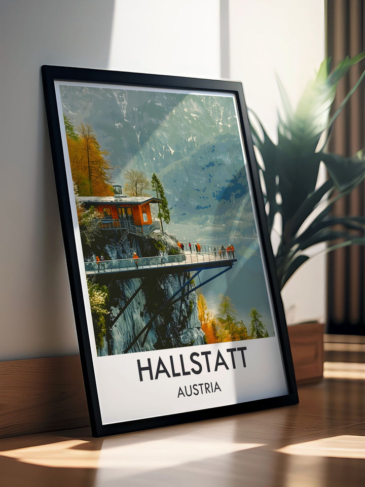 Showcasing the charming houses and serene landscapes of Hallstatt, this travel poster captures the timeless beauty of Austrias most enchanting village, perfect for home decor.