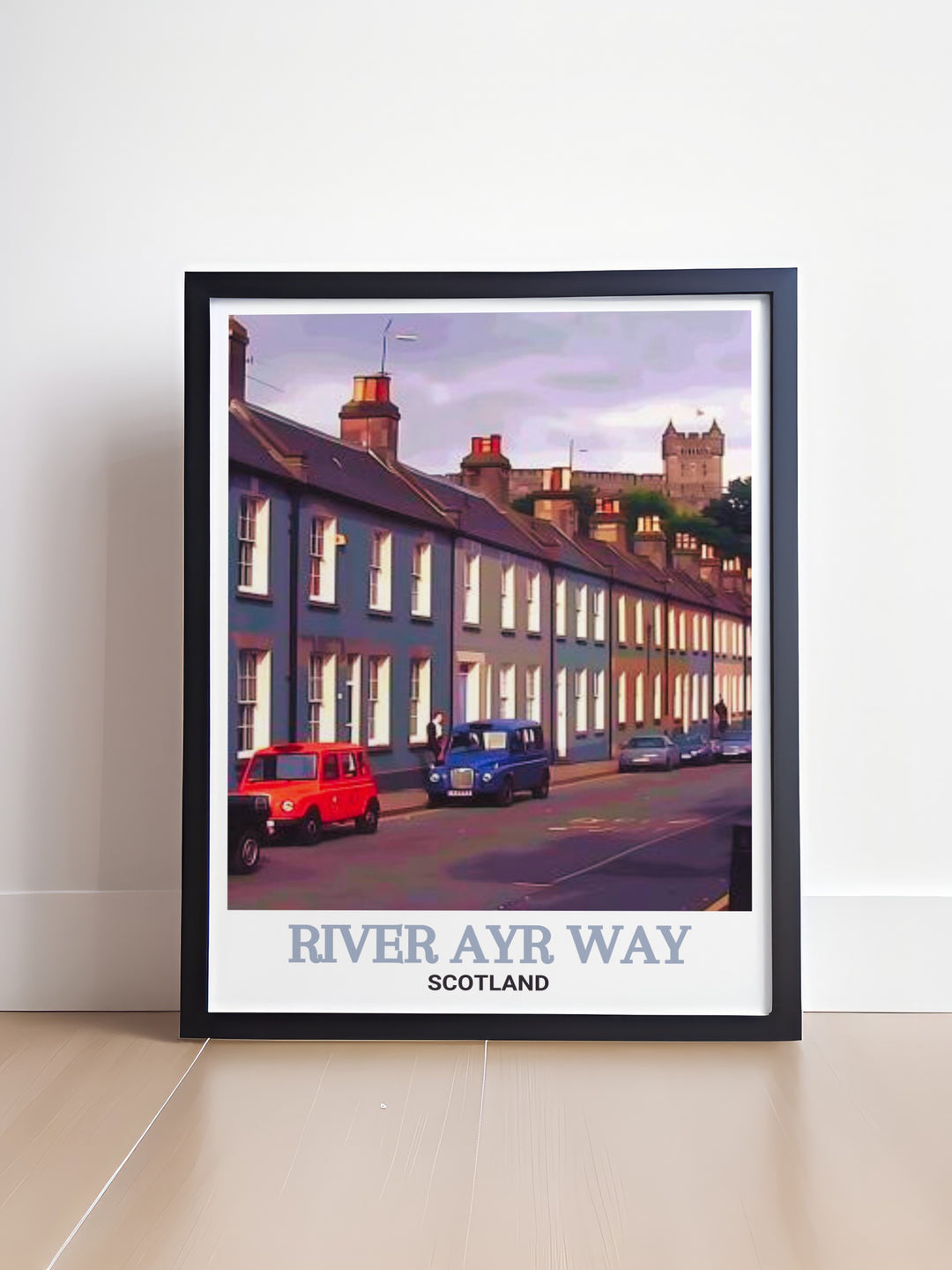 River Ayr Way travel poster showcasing the serene beauty of River Ayr Way and the historical charm of Catrine Voes. This artwork captures the essence of these iconic landmarks, perfect for home decor or as a gift for nature lovers. A timeless piece celebrating Scotland.