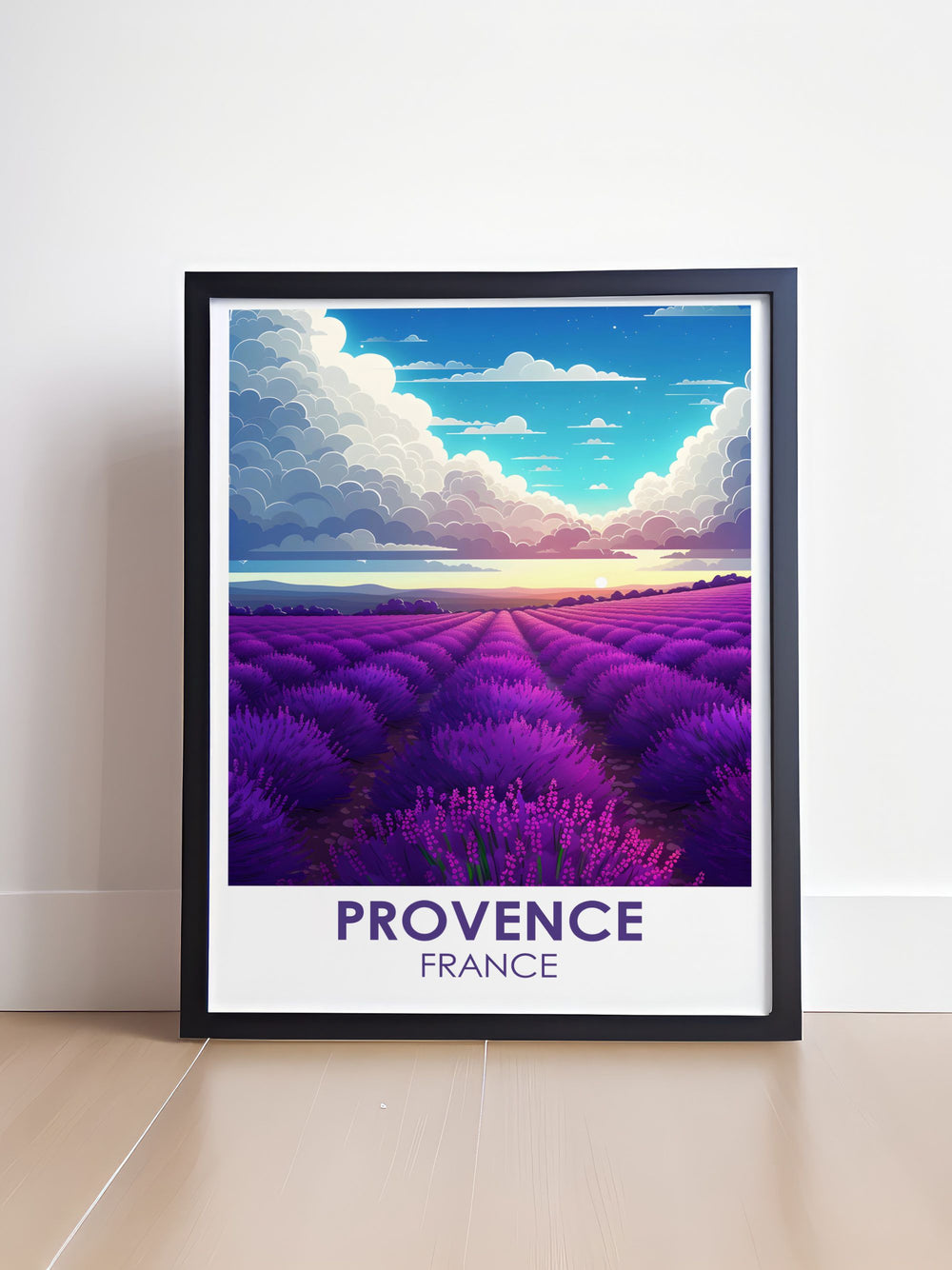 Delight in the enchanting vistas of the Lavender Fields of Valensole with this art print, capturing the lush rows of lavender against the scenic hills and clear skies of Provence.