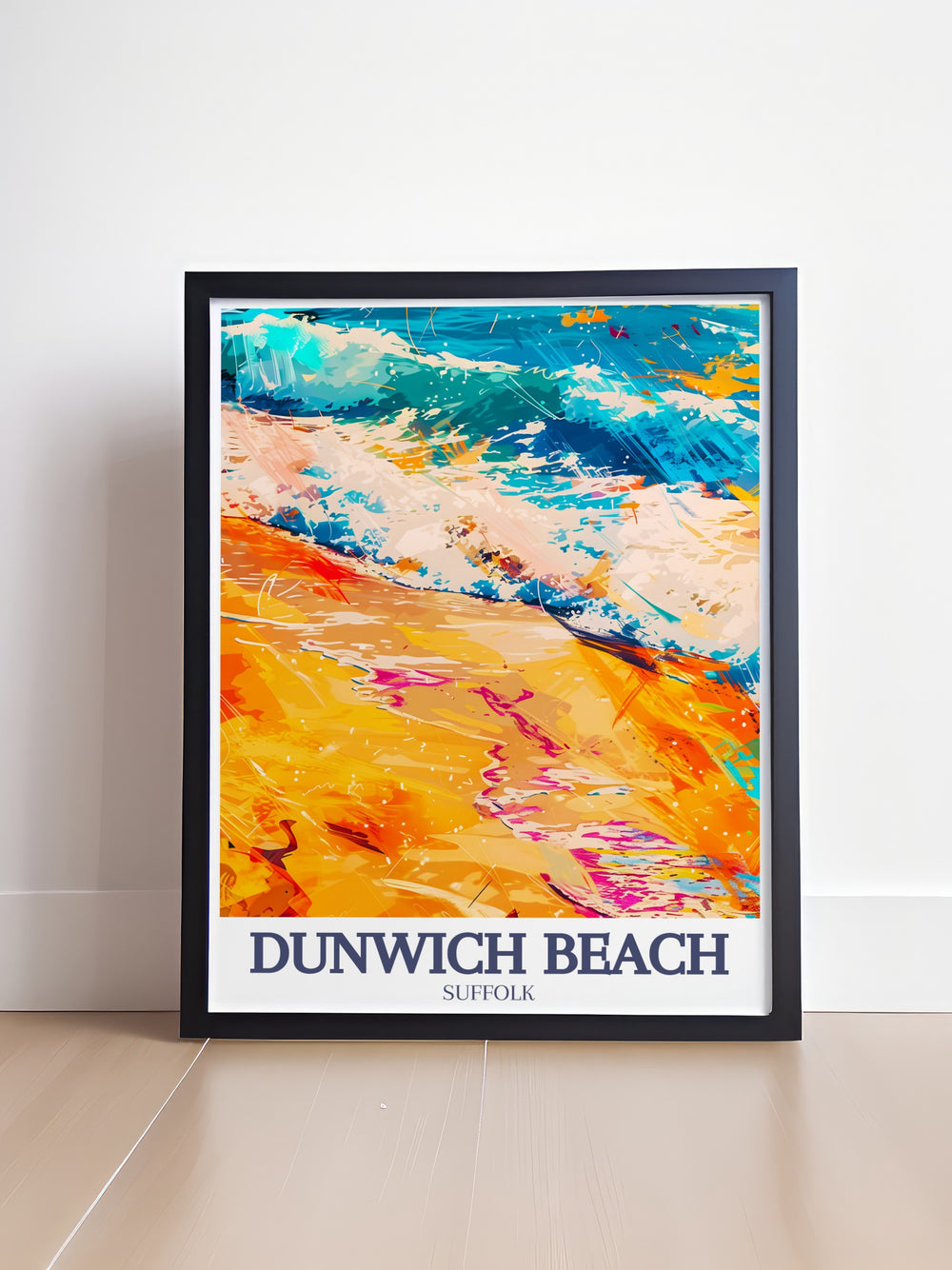 North Sea canvas art brings the serene beauty of Suffolks coastline into your home, featuring the wide open shores of Dunwich Beach. This travel print is perfect for anyone looking to add a peaceful, coastal vibe to their interior décor.