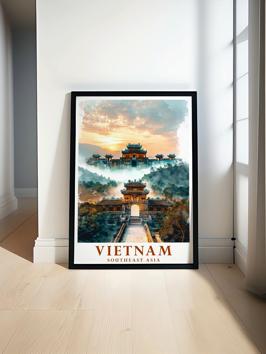 A stunning Vietnam Poster Print capturing the elegance of Hue Imperial City and the serene beauty of Ha Long Bay, perfect for travel lovers and home decor enthusiasts. This artwork adds a historical and natural touch to any space, ideal for living rooms or offices.