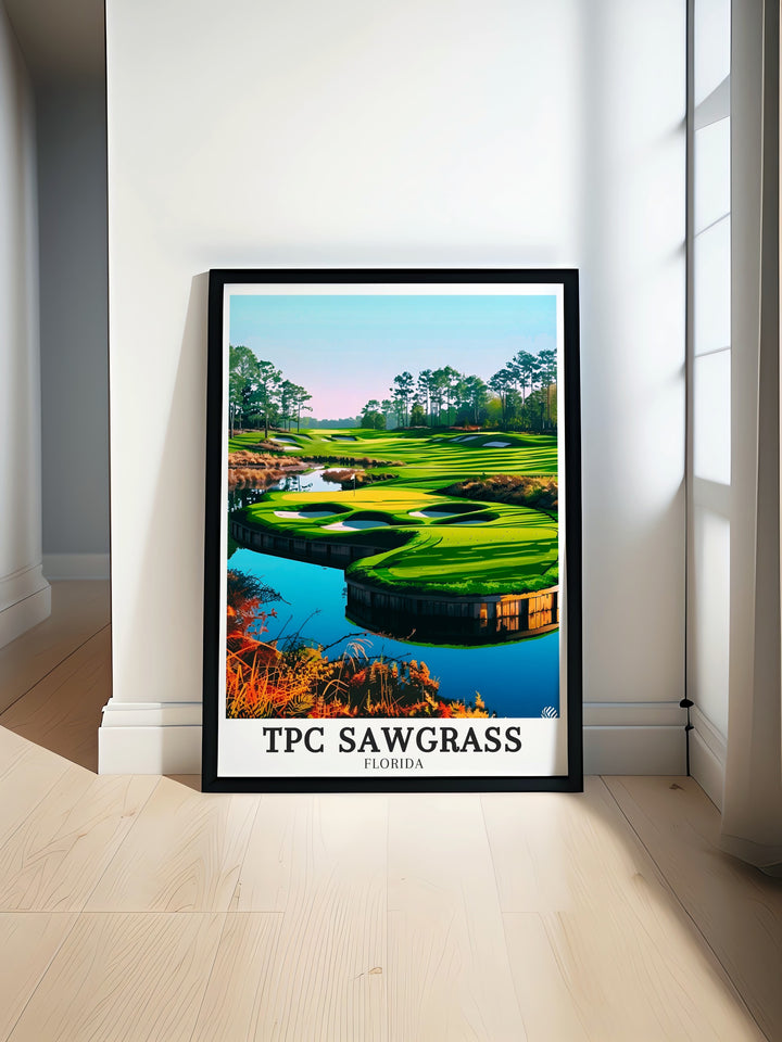 Ponte Vedra Beach, home to the famed TPC Sawgrass, is beautifully portrayed in this artwork. The 17th holes island green, surrounded by water, creates a stunning focal point, making this print ideal for golf enthusiasts. Whether youve played the course or simply admire its beauty, this piece is a tribute to the sports most challenging holes.