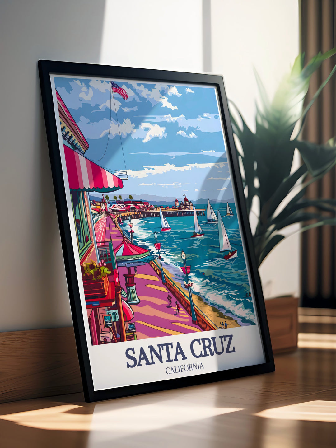 Elegant home décor featuring Santa Cruz Wharf and Santa Cruz Beach Boardwalk prints showcasing the beauty of California travel stunning California artwork perfect for transforming any living space with vibrant coastal charm.