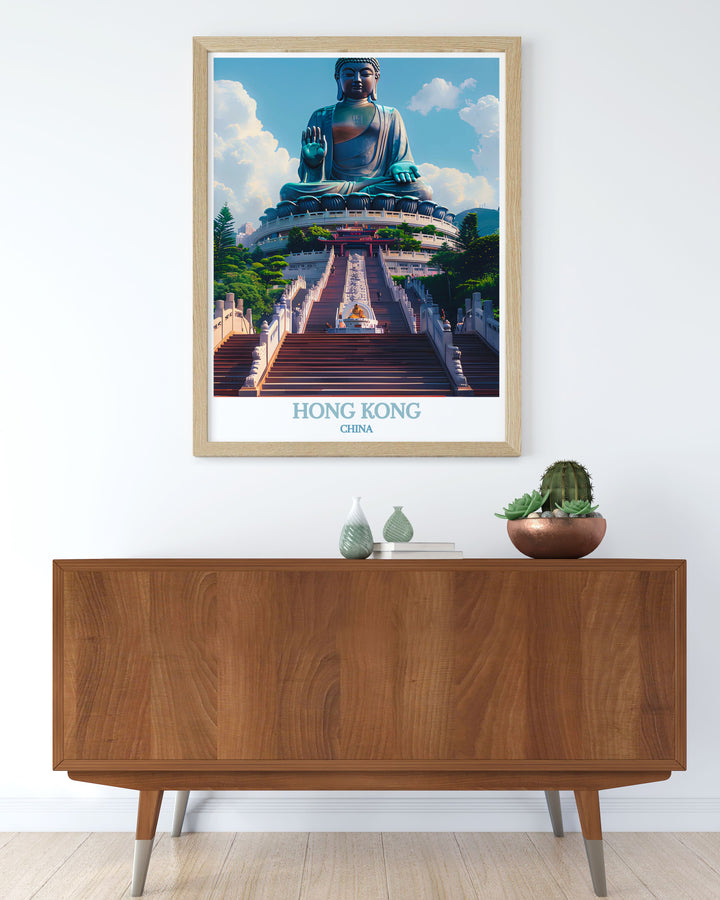Capturing the vibrant energy of Hong Kongs cityscape, this travel poster features bustling streets and towering skyscrapers. Ideal for urban enthusiasts, this artwork brings the dynamic beauty of Hong Kong into your living space.