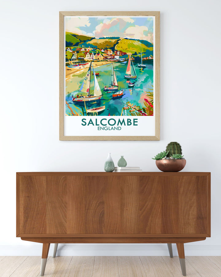 The Devon travel poster featuring Salcombe Harbor is perfect for adding a touch of elegance to any room with its detailed and vibrant illustration