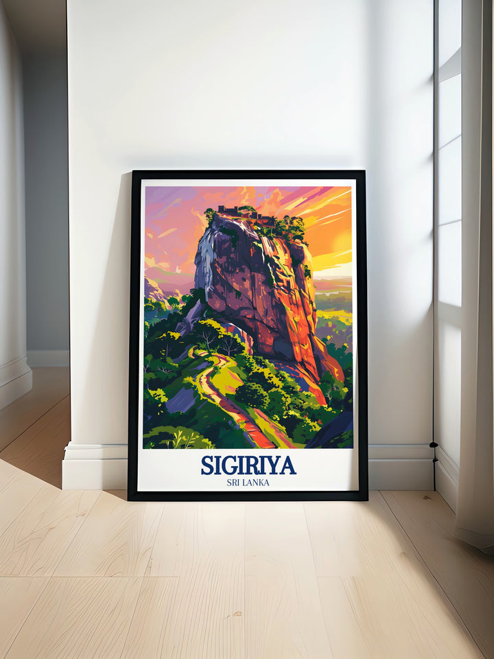 Custom print of Sigiriya, also known as Siṃhagiri, featuring the iconic Lions Rock in vivid detail. This artwork is perfect for anyone looking to bring a piece of Sri Lankas rich history and natural beauty into their home decor.