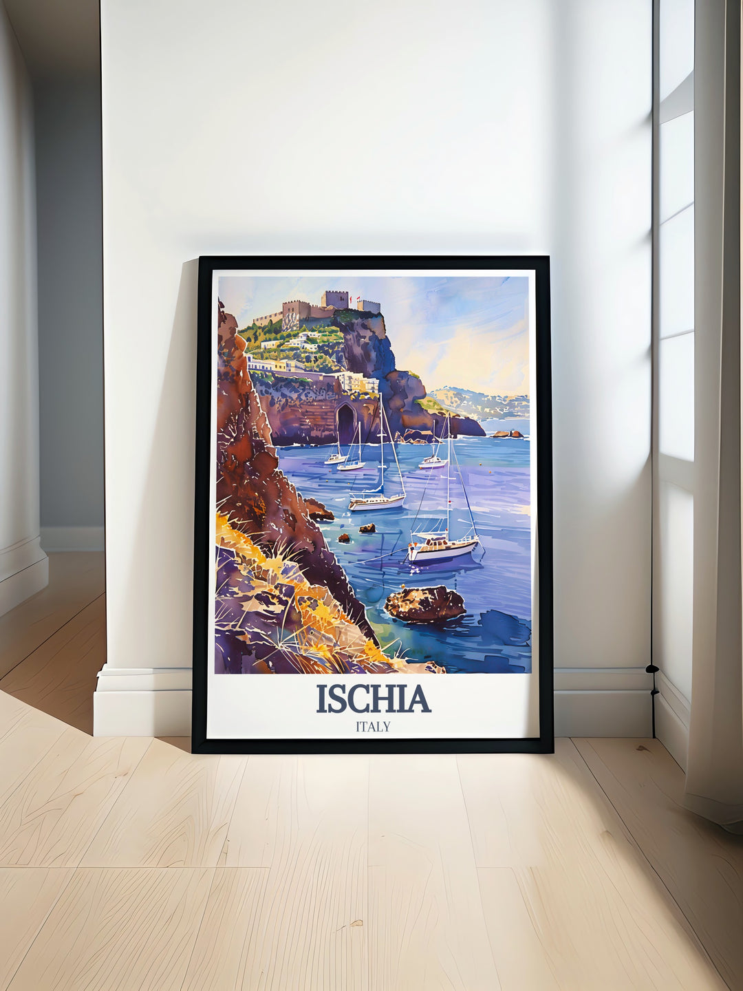 Capture the heart of Ischia with this poster print, highlighting the iconic Aragonese Castle and the tranquil Maronti Beach. Ideal for anyone who has fallen in love with Italys rich history and coastal serenity, this print makes a perfect addition to any space.