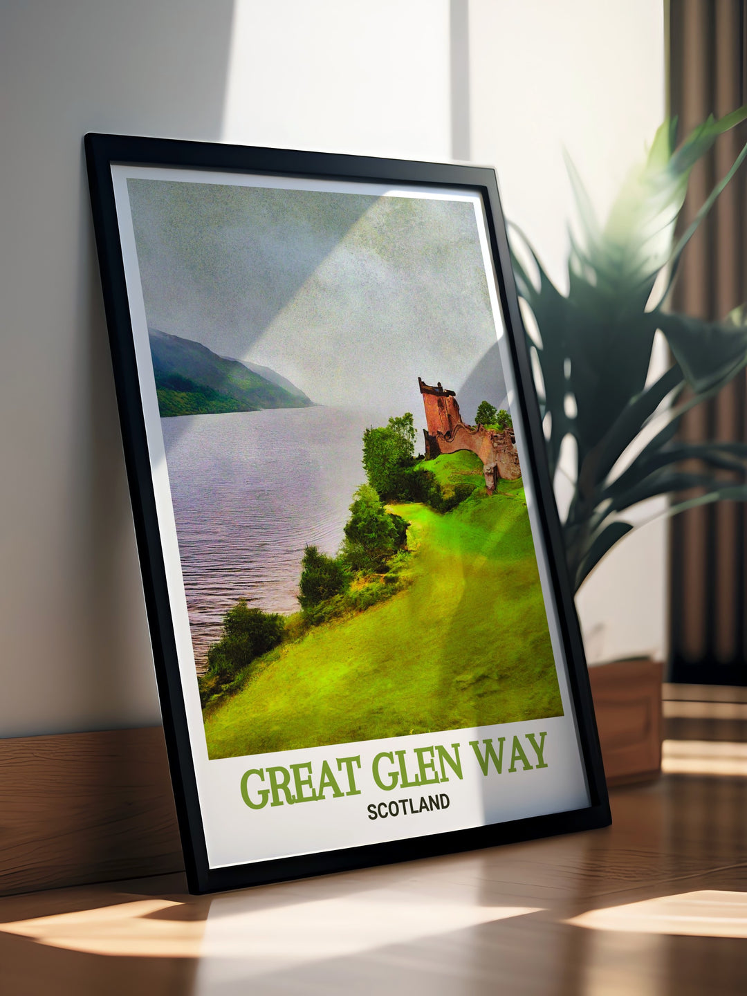 Loch Ness stunning prints showcasing the calm waters of the famous lake and the surrounding Highlands perfect for adding a touch of Scottish hiking art and National Park poster designs to your living space while celebrating Scotlands Great Trail