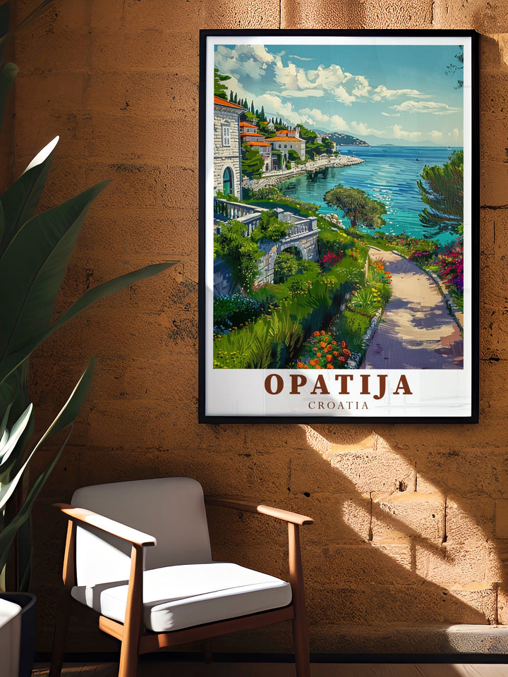 Experience the tranquility of Opatija Seaside Parks through this beautifully designed Croatia travel art perfect for those who appreciate the combination of natural beauty and cultural heritage in their wall art